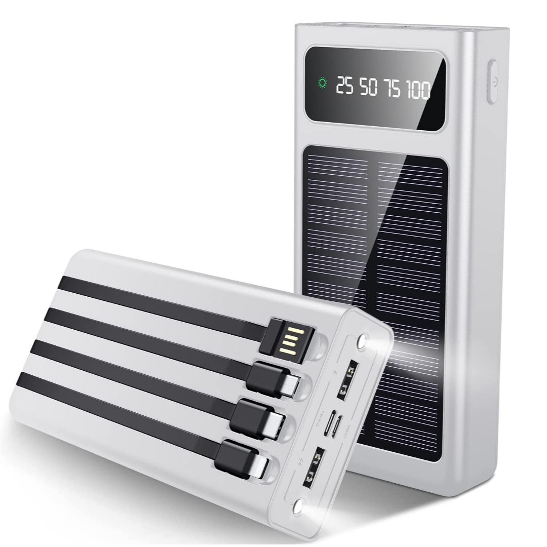 Solar Panel Power Bank, 10000 MAH 100% Transparent LED Power Bank, 2 Led Lights Fast Mobile Charging